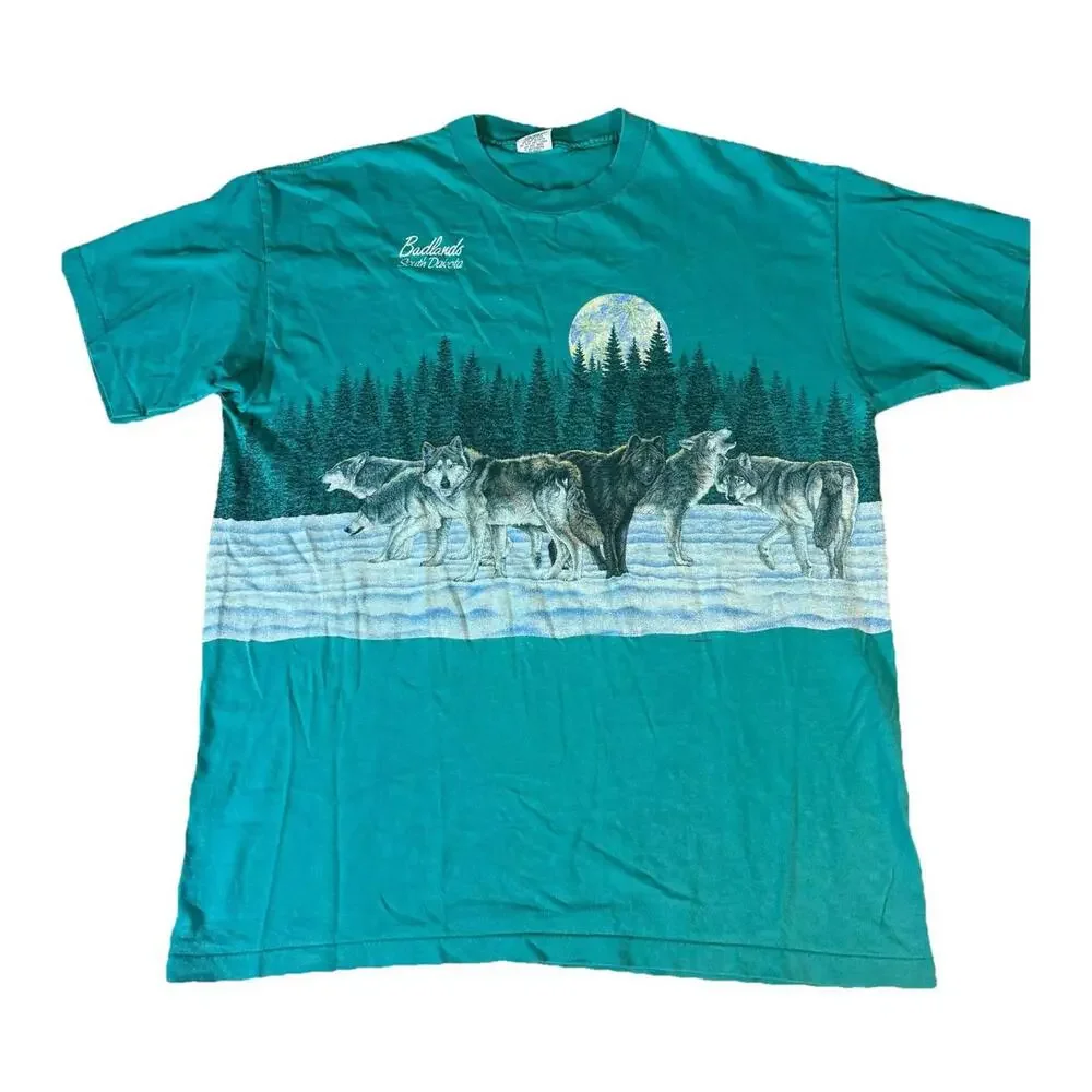 Vintage Bad Lands South Dakota Wraparound Nature T Shirt Wolf Teal Signal Tee XL - Picture 1 of 9